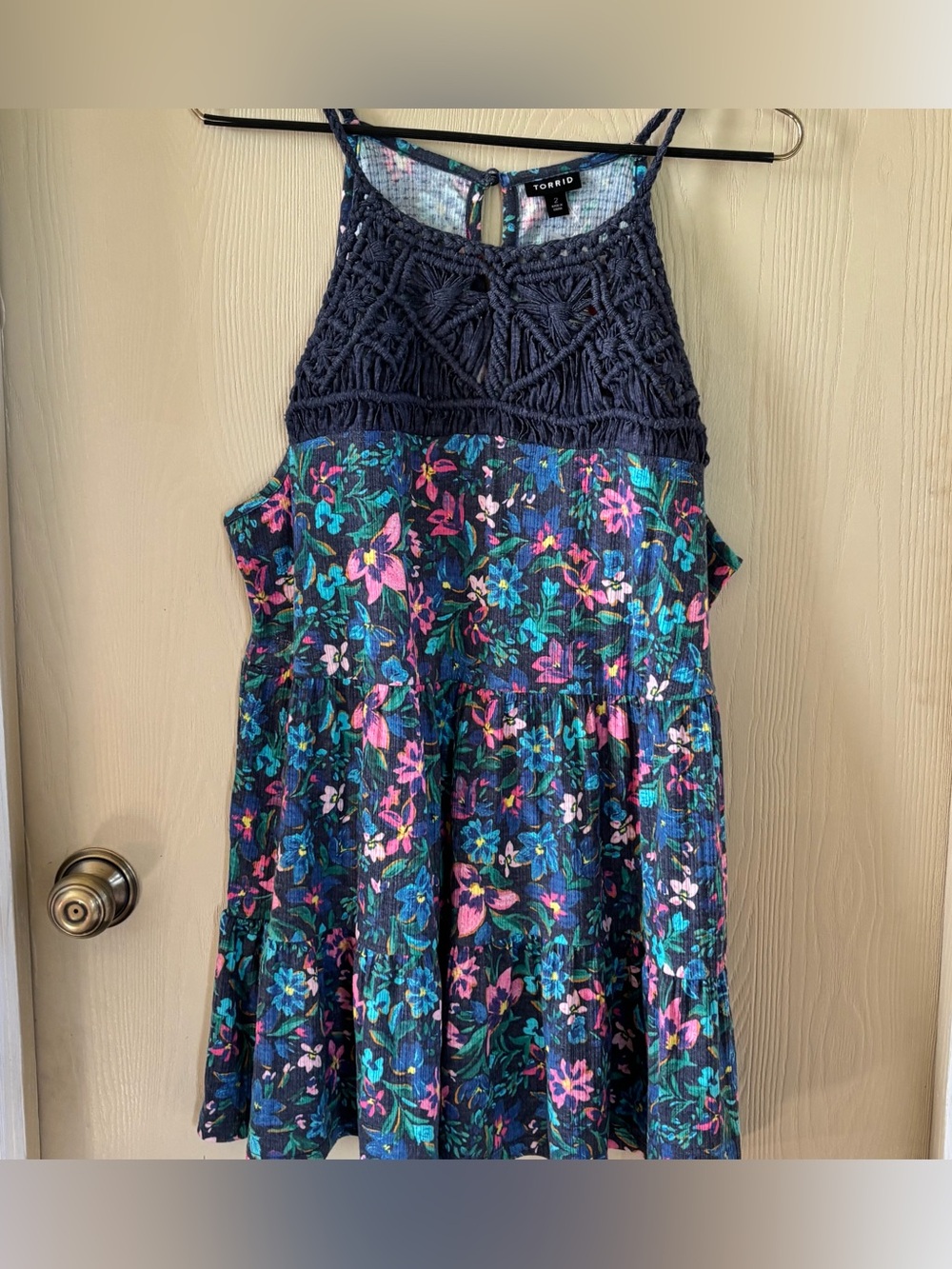 torrid Navy Crochet Halter Floral Tank with Teal and Pink